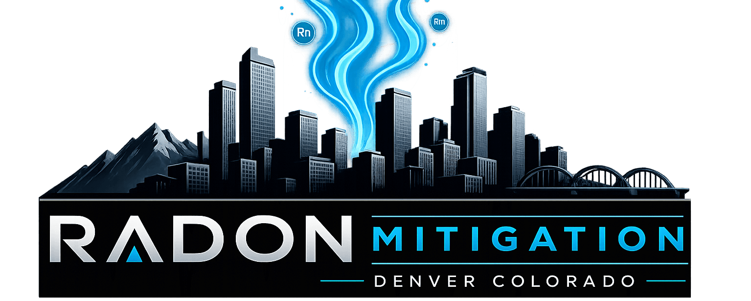 Radon Mitigation Denver Colorado company logo with Denver skyline and blue radon gas design